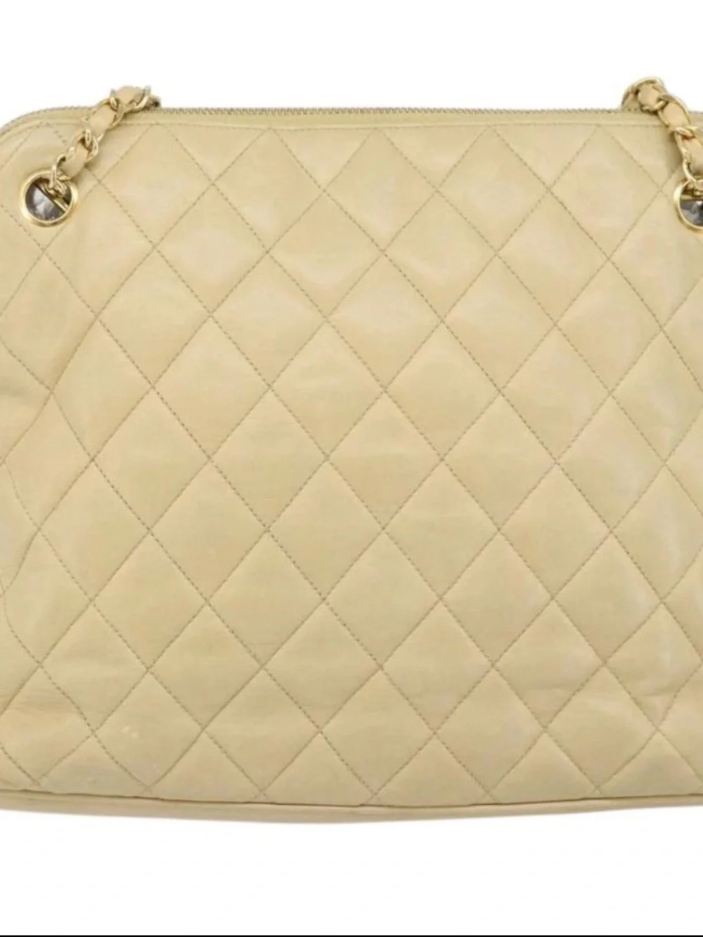 CHANEL Matelasse Chain Shoulder Tote Bag Lamb Skin Beige Gold CC Auth